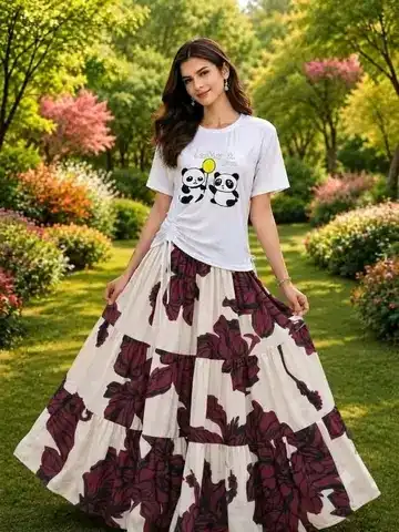 প্রিমিয়াম লিলেন স্কার্ট প্লাস টি-শার্ট সেট 🌸